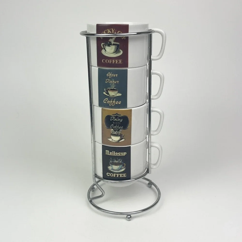 Stackable‎ Coffee Mugs w Stacking Rack Set of 4 Cups Coffee Shop